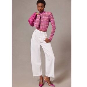 Pilcro Anthropologie Pink Purple Plaid Mesh Mock Neck Top NWT L